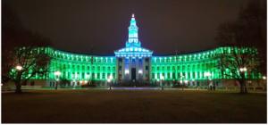 City and county of denver in blue and green for national donate life month lighting the building to raise awareness for organ and tissue donation