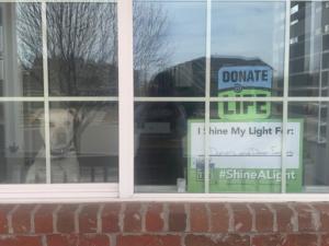 Shine a light National Donate Lefe Month I shine my light for Sign in window with dog for their hero