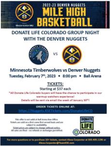 denver nuggets donate life colorado group night 2023
